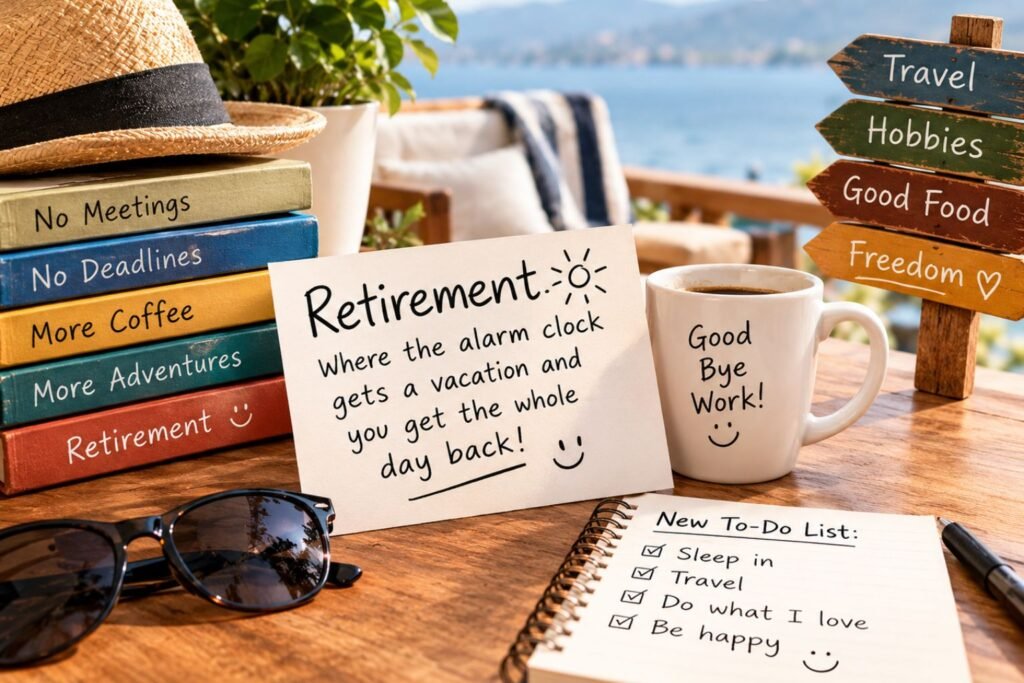 Funny retirement saying on a card with a goodbye work coffee mug, colorful books, and a retirement to-do list on a sunny deck.